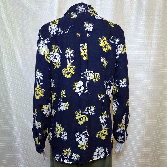 Banana Republic Floral Chiffon Shirt Women's M Navy Yellow White - Picture 3 of 10